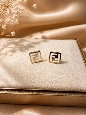 18K Gold and Pink Square Fendi Logo Earrings